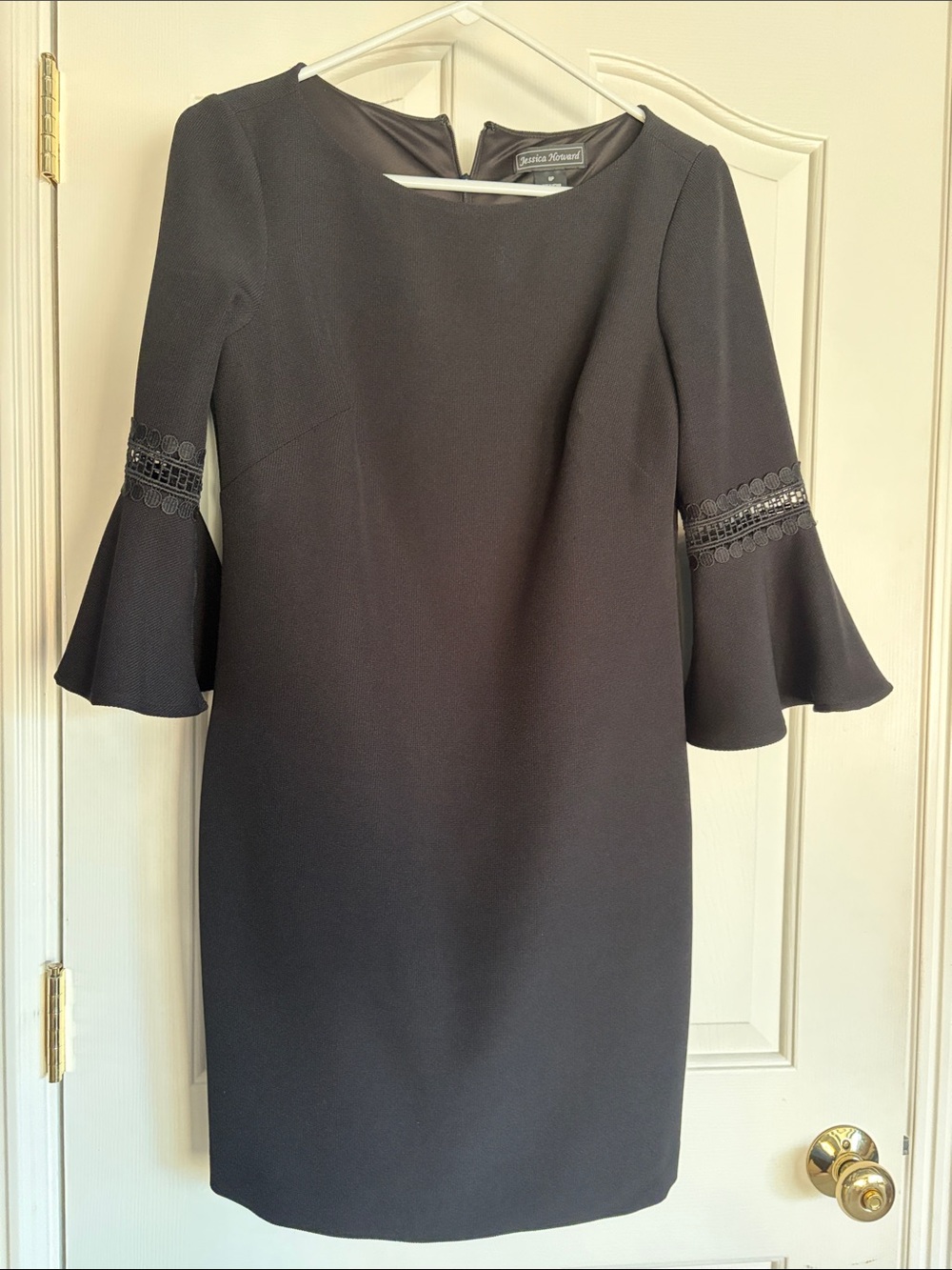 Tahari ASL Black Bell Sleeve Sheath Dress with Lace Trim